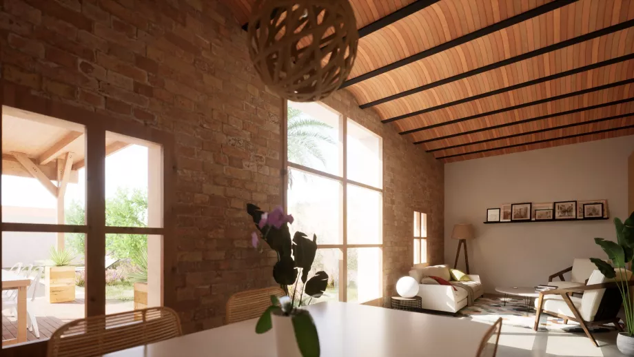 Vista de salón comedor de casa Passivhaus con gran confort térmico y acústico