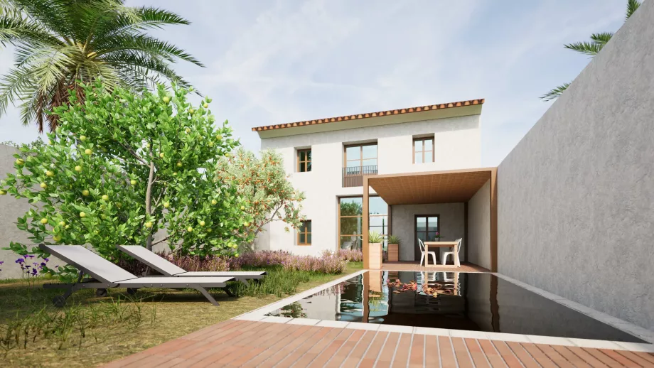 Vista del patio interior y piscina desde el salón de bajo industrial reformado en vivienda pasiva en valencia