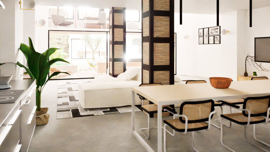 Vista de amplio salón comedor tipo loft de casa Pasiva en Valencia