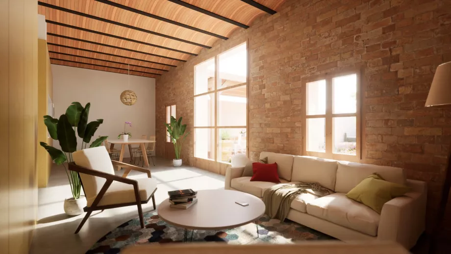 Vista de patio ajardinado central, mesa, árbol y piscina de rehabilitación passivhaus en valencia