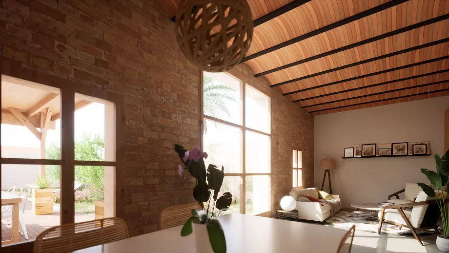 Vista de salón comedor de casa Passivhaus con gran confort térmico y acústico