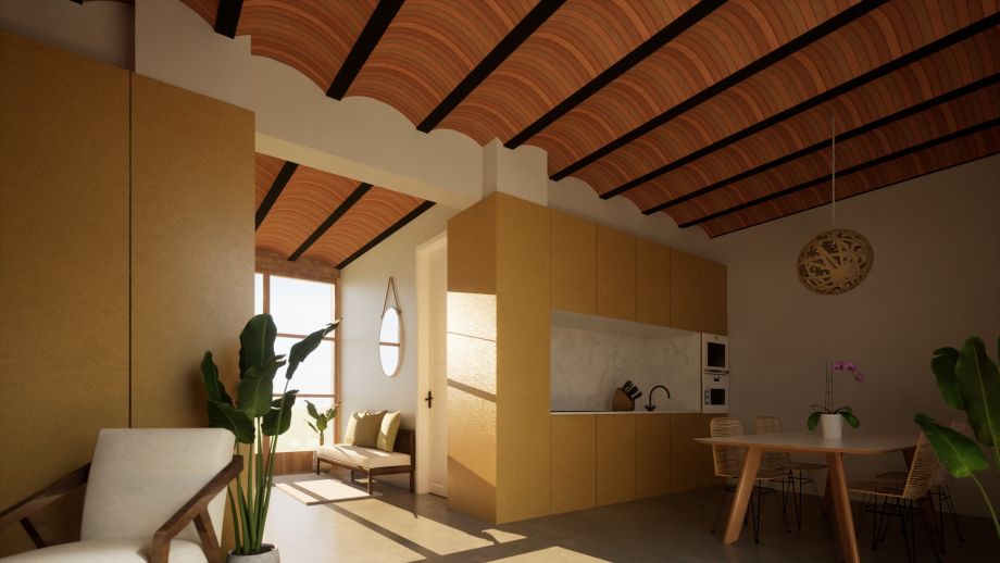 Vista de patio central y piscina desde habitación en Vivienda de consumo casi nulo en Valencia