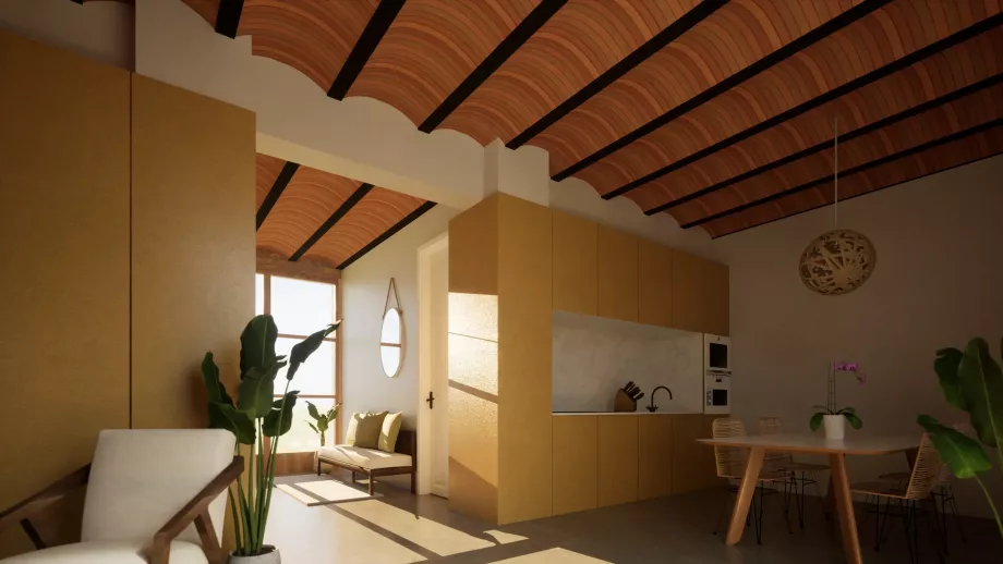 Vista de patio central y piscina desde habitación en Vivienda de consumo casi nulo en Valencia