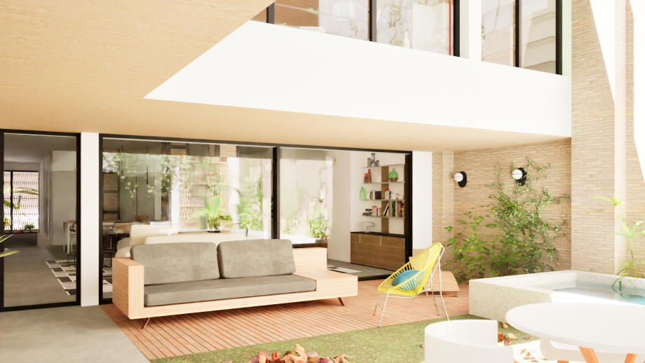 Vista desde patio interior a dos alturas de la vivienda pasiva en valencia