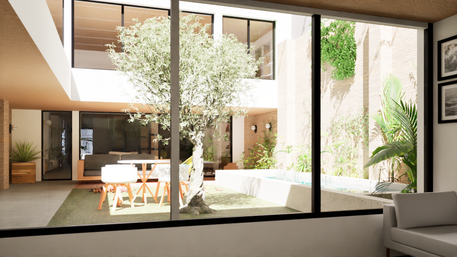 Vista de patio central y piscina desde habitación en Vivienda de consumo casi nulo en Valencia