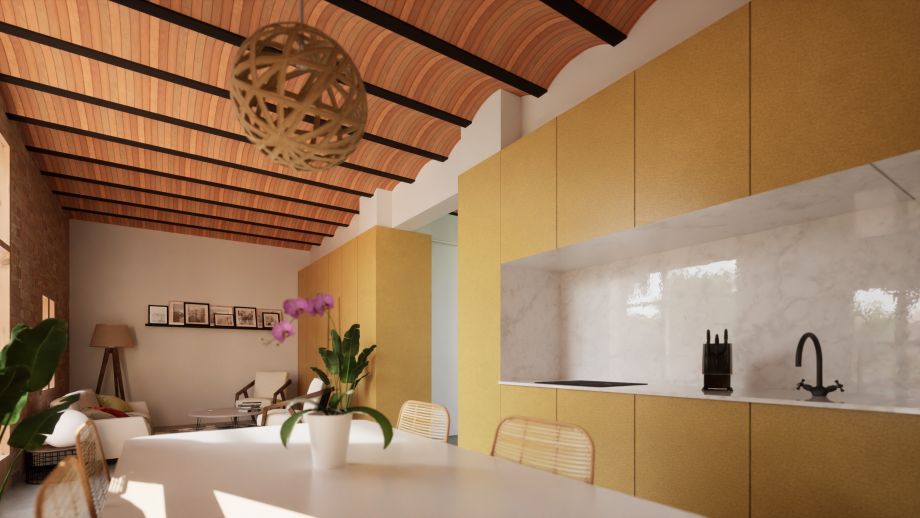 Vista desde patio interior a dos alturas de la vivienda pasiva en valencia