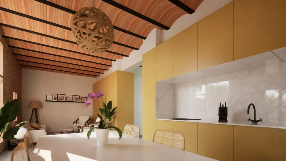 Vista desde patio interior a dos alturas de la vivienda pasiva en valencia